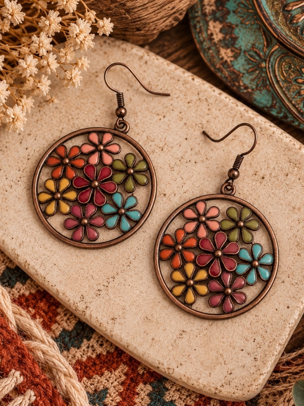 Multicolor Floral Enamel Drop Earrings Boho Western Festival New